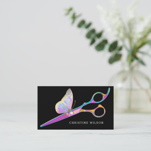 Vlinderschaar op zwarte haarstylist visitekaartje (Staand voorkant)