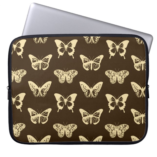 Vlinderschets, beige op chocoladebruin laptop sleeve (Voorkant)