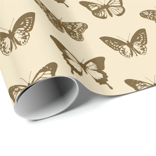 vlinderschets, chocoladebruin op beige cadeaupapier (Rol Hoek)