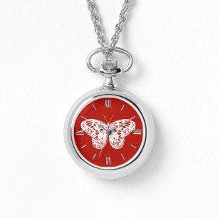 Vlinderschets, diep rood en wit horloge