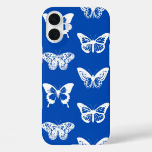 vlinderschets, kobaltblauw en wit iPhone 16 plus hoesje