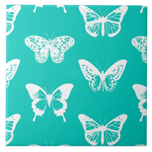 Vlinderschets, turquoise en wit tegeltje (Voorkant)