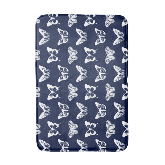vlindersketch, marinesblauw en wit badmat (Voorkant Verticaal)