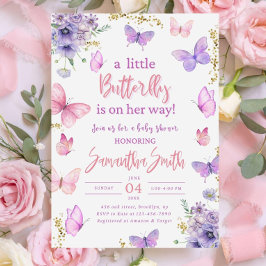 Vlinderthema Baby Shower Uitnodiging, Roze Paars Kaart