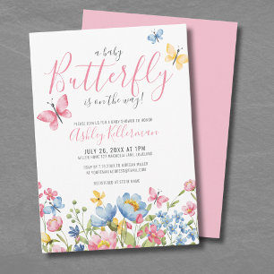 Vlinderthema babyfeest met bloemen kaart
