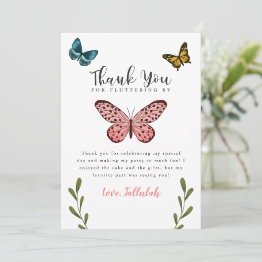 Vlinderthema Meisjes Verjaardagsfeestje Bedankkaart (Staand voorkant)