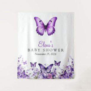 Vlindertje Baby Shower Paarse Bloemen Achtergrond Wandkleed