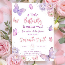 Vlindertje Baby Shower Uitnodiging, Roze Paars Kaart