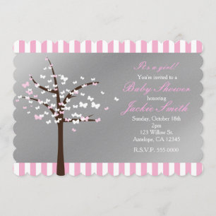 Vlindertje Boom Grijs & Roze Baby Shower Uitnodigi Kaart