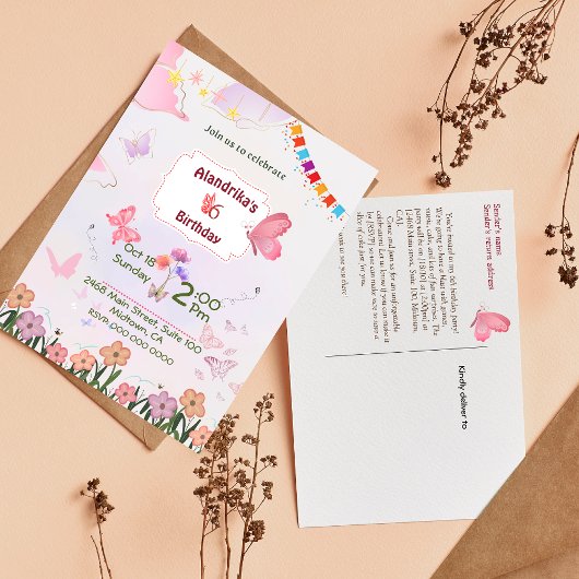 Vlindertje flap flap 6de verjaardagsuitnodiging briefkaart