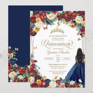 Vlindertuin Bordeaux Blauwe Bloem Quinceanera Kaart