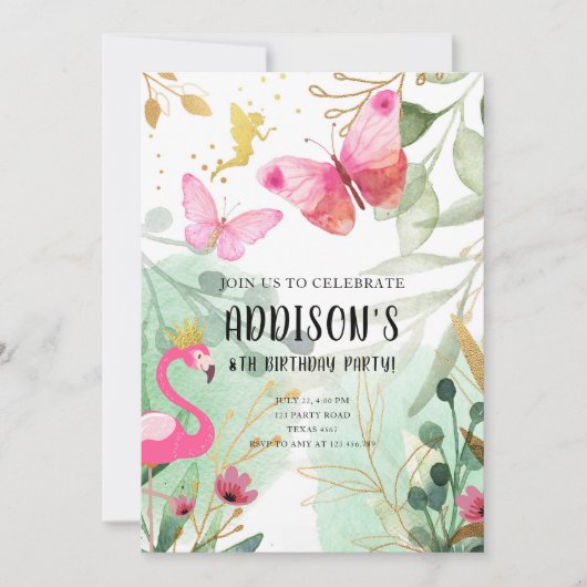 Vlindertuin Flamingo Fee Bloemen Verjaardag Kaart (Voorkant)