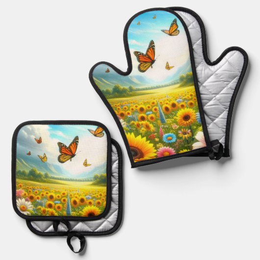 Vlindertuin  ovenwant & pannenlap set (Voorkant / Achterkant)