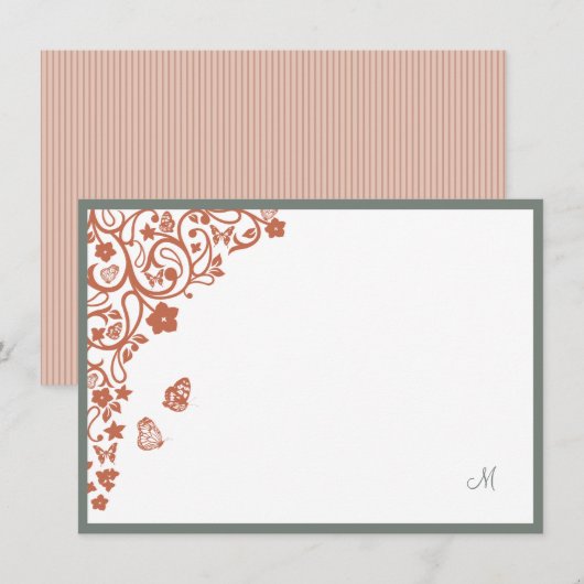 Vlindertuin Perzik Streep Script Monogram Notitiekaartje (Voorkant / Achterkant)