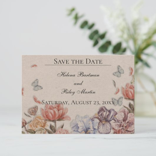 vlindertuin vintage bruiloft save the date (Staand voorkant)