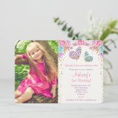 Vlinderverjaardag roze gouden paarse foto kaart (Staand voorkant)