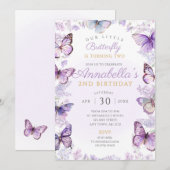 Vlinderverjaardagsfeest nodigt Paarse vlinders uit Kaart (Voorkant / Achterkant)