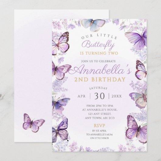 Vlinderverjaardagsfeest nodigt Paarse vlinders uit Kaart (Voorkant / Achterkant)