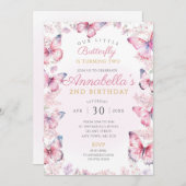 Vlinderverjaardagsfeest nodigt roze vlinders uit kaart (Voorkant / Achterkant)