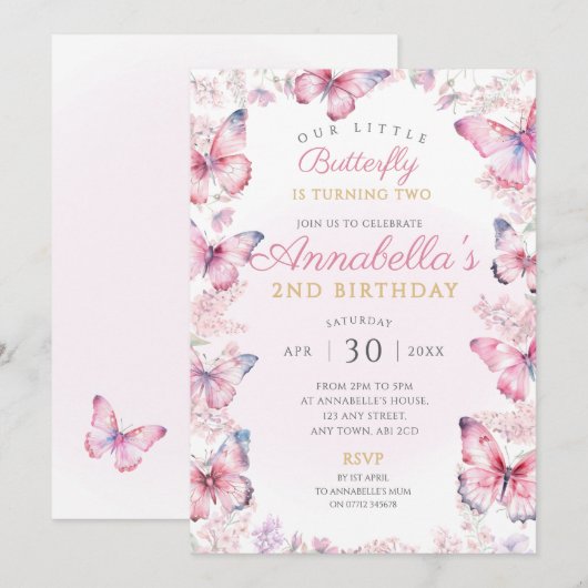 Vlinderverjaardagsfeest nodigt roze vlinders uit kaart (Voorkant / Achterkant)