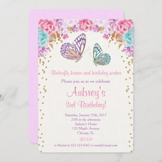 Vlinderverjaardagsuitnodiging, roze paarse gouden kaart (Voorkant / Achterkant)