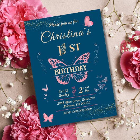Vlindervleugels 1e verjaardag blauwe kleur uitnodi kaart