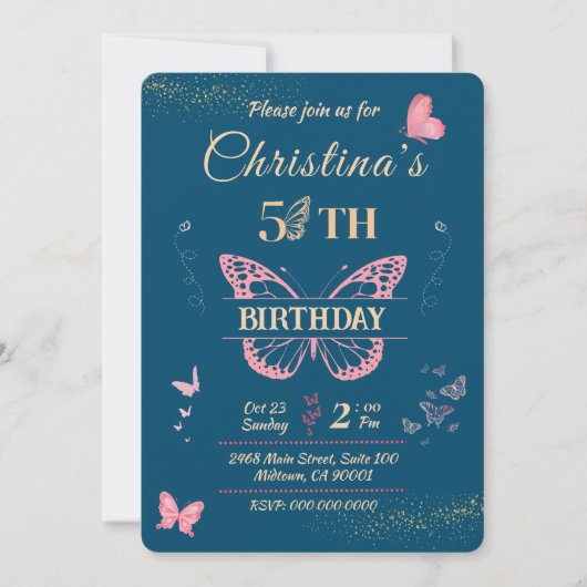 Vlindervleugels 5e verjaardag blauwe kleur kaart (Voorkant)