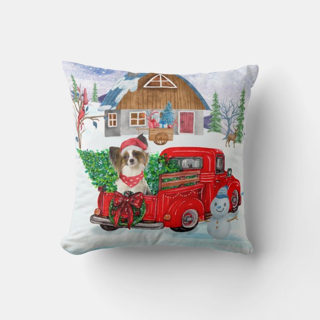 Vlindervlindhond in Kerstbezorgwagen Sneeuw  Kussen (Voorkant)