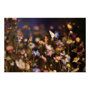 Vlindervlucht in Schemering Wilde Bloemenweide Perfect Poster