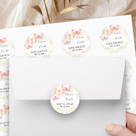 Vlindervluchten koraalroze gouden confetti ronde sticker