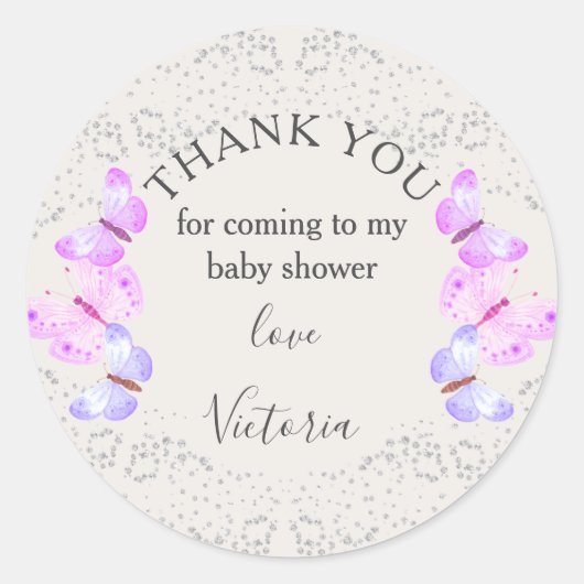 Vlindervluchten Roze Zilver Confetti Dank je wel Ronde Sticker (Voorkant)