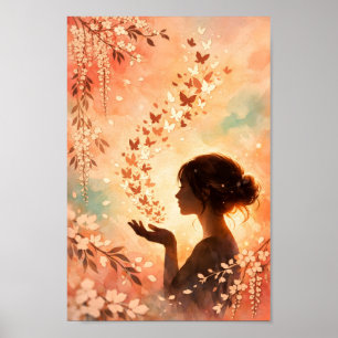 Vlindervorm Silhouet Bloem Meisje Perzik Waterverf Poster