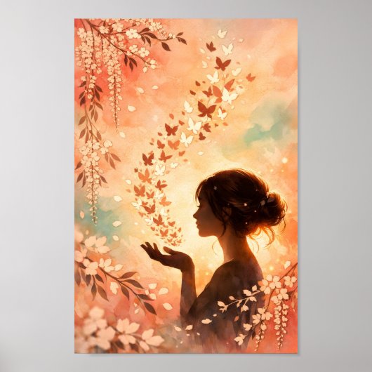 Vlindervorm Silhouet Bloem Meisje Perzik Waterverf Poster (Voorkant)