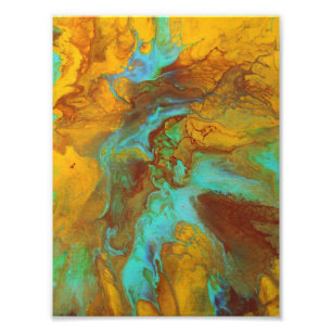 Vloeibaar abstract in blauwgroen en geel foto afdruk