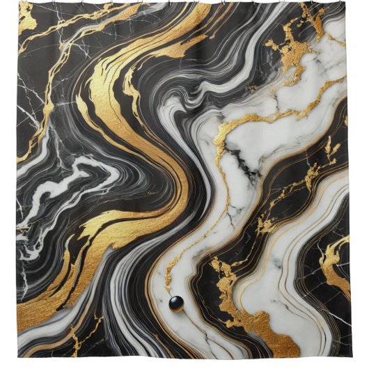Vloeibaar Goud Zwart Wit Marmeren Look Glam Douchegordijn (Voorkant)