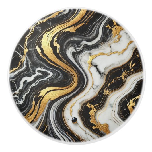 Vloeibaar Goud Zwart Wit Marmeren Look Glam Keramische Knop (Voorkant)