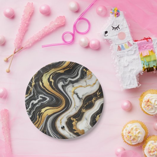 Vloeibaar Goud Zwart Wit Marmeren Look Glam Weddin Papieren Bordje (Feest)