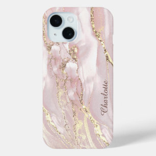 Vloeibaar marmer roze faux gouden folie iPhone 15 case
