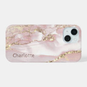 Vloeibaar marmer roze goud iPhone 15 case (Achterkant horizontaal)