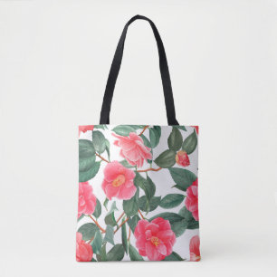 Vloeibaar naadloos patroon, rode kamelliumbloemen  tote bag