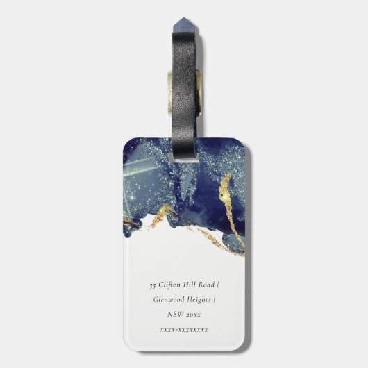 Vloeibare Abstracte alcohol Inkt Gold Navy Glitter Bagagelabel (Achterkant verticaal)