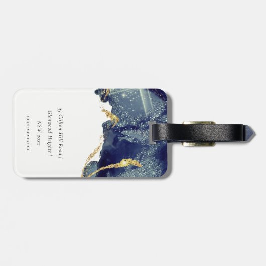 Vloeibare Abstracte alcohol Inkt Gold Navy Glitter Bagagelabel (Achterkant horizontaal)