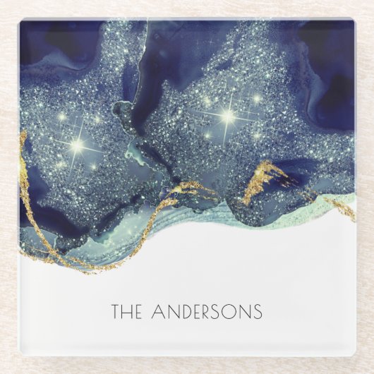 Vloeibare Abstracte alcohol Inkt Gold Navy Glitter Glazen Onderzetter (Voorkant)