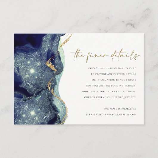 Vloeibare Abstracte goudmarine Glitter Weddenschap Informatiekaartje (Voorkant)
