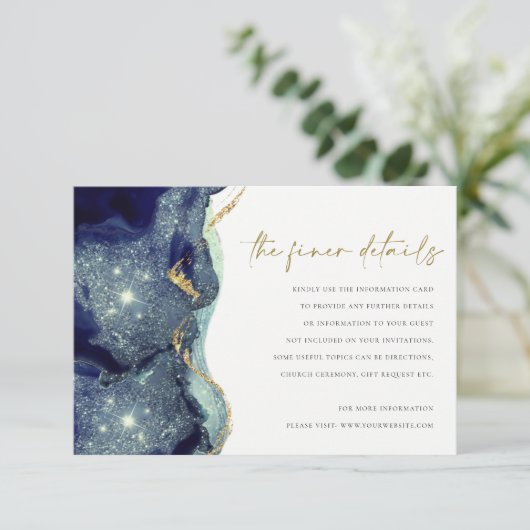 Vloeibare Abstracte goudmarine Glitter Weddenschap Informatiekaartje (Staand voorkant)