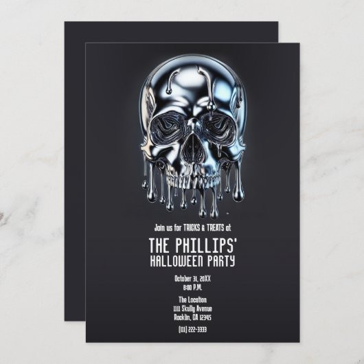 Vloeibare Chrome Zilveren Drip Schedel Halloween P Kaart (Voorkant / Achterkant)