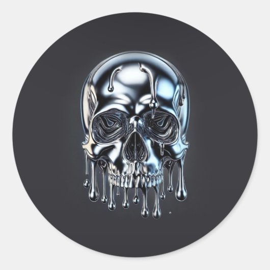 Vloeibare Chrome Zilveren Drip Schedel Halloween P Ronde Sticker (Voorkant)
