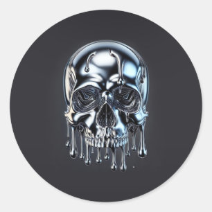 Vloeibare Chroom Zilveren Druppel Schedel Hallowee Ronde Sticker