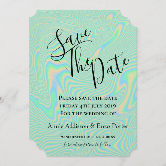 Vloeibare faux-groene holografische structuur save the date (Voorkant / Achterkant)