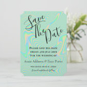 Vloeibare faux-groene holografische structuur save the date (Staand voorkant)